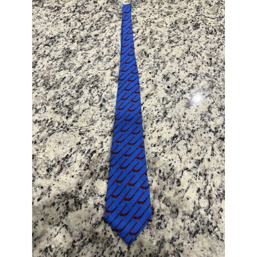 Polo By Ralph Lauren Men's Silk Tie Blue Hockey Sticks Pattern Hand Made In USA